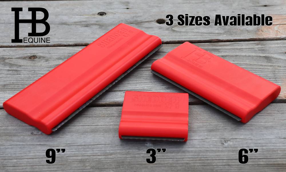Set of three HB Equine Shedder LT grooming blades in small, medium, and large sizes with 3D printed ABS handles and replaceable steel edges for horse grooming